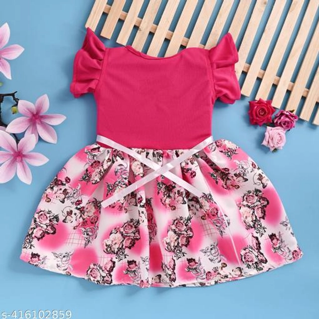 Crepe Printed Frock for Girls (Pink, 0-3 Months)