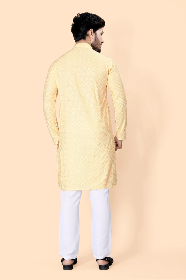 Cotton Blend Embroidered Kurta for Men (Beige, S)