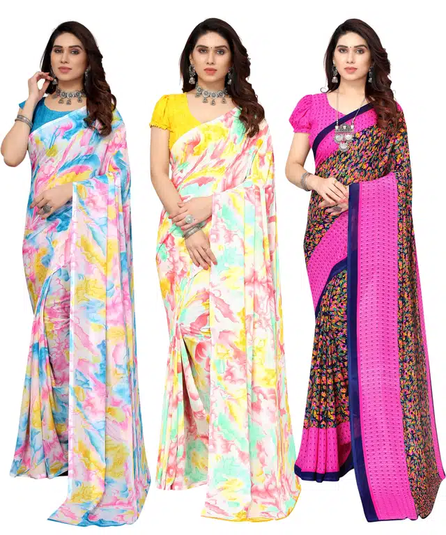 Women's Designer Floral Printed Saree with Blouse Piece (Pack of 3) (Multicolor) (SD-337)