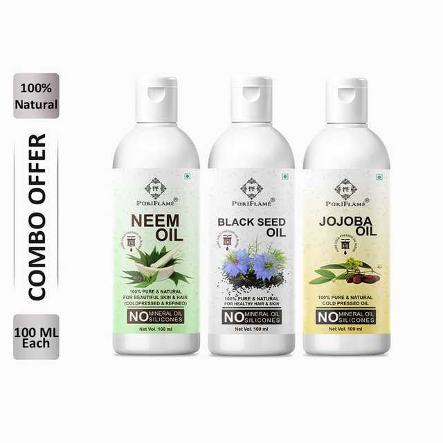 PuriFlame Pure Neem Oil (100 ml) & Blackseed Oil (100 ml) & Jojoba Oil (100 ml) Combo For Rapid Hair Growth (Pack Of 3) (B-5769)
