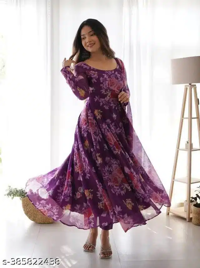 Georgette Printed Gown with Dupatta for Women (Purple, S)