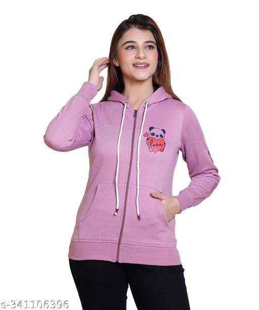 Fleece Printed Hoodie for Women (Purple, M)