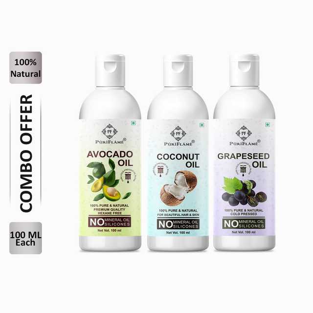 PuriFlame Pure Avocado Oil (100 ml) & Coconut Oil (100 ml) & Grapeseed Oil (100 ml) Combo For Rapid Hair Growth (Pack Of 3) (B-2365)
