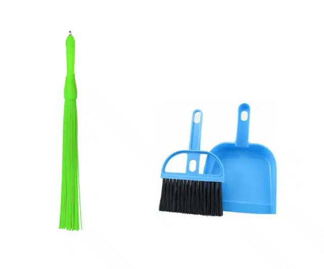 Plastic Broom & Mini Dustpan with Brush (Set of 3, Multicolor)