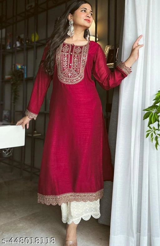 Silk Blend Embroidered Kurti for Women (Maroon, XS)