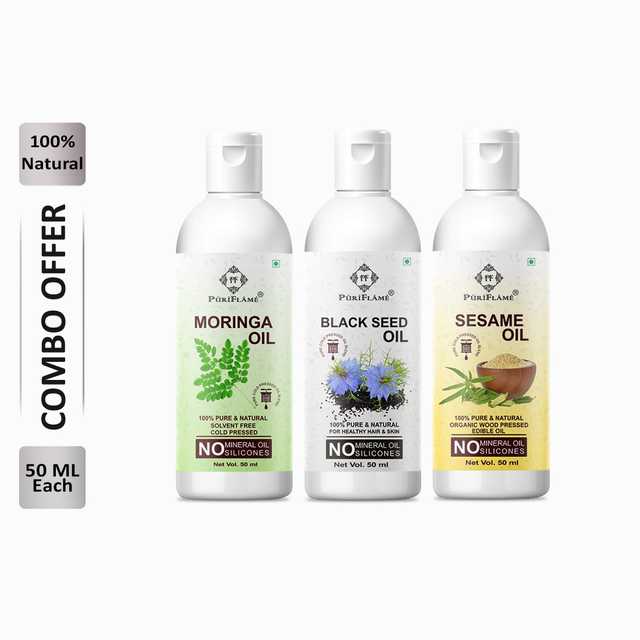 Puriflame Pure Moringa Oil (50 ml), Black Seed Oil (50 ml) & Sesame Oil ( 50 ml) Combo for Rapid Hair Growth (Pack Of 3) (B-11737)