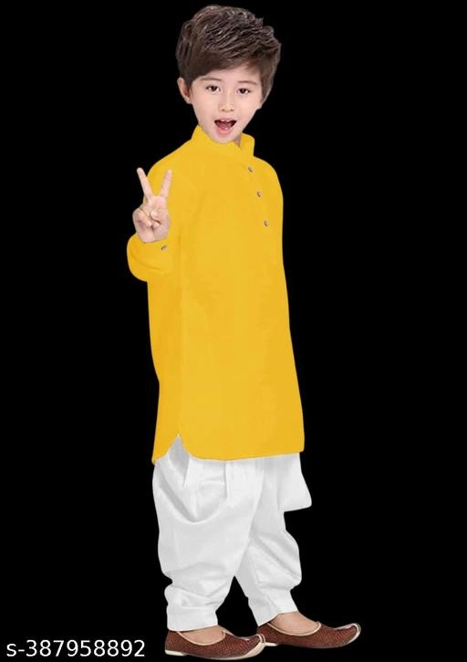 Cotton Checked Kurta with Pyjama for Boys (2-3 Years, Yellow & White)