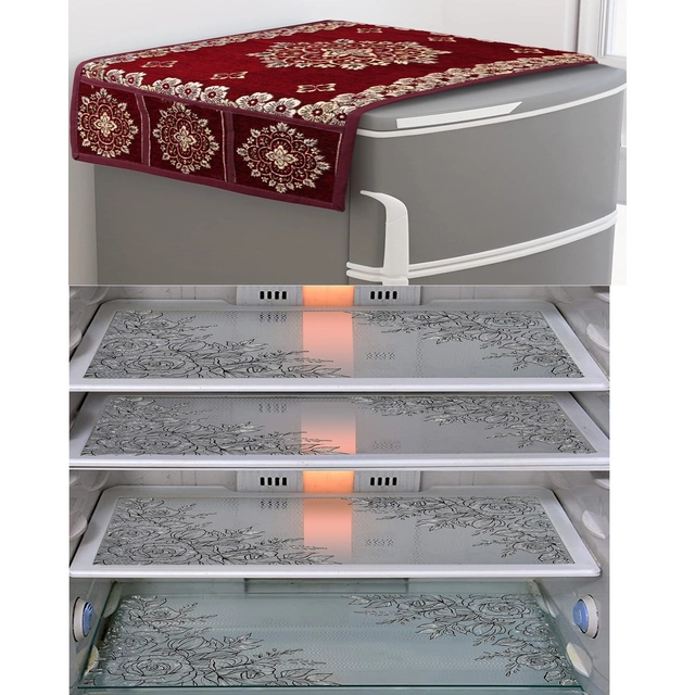 PVC Waterproof Fridge Top Cover with 4 Pcs Shelf Mats (Multicolor, Set of 1)