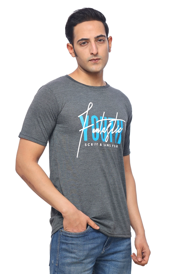 Round Neck Printed T-Shirt for Men (Grey, M)