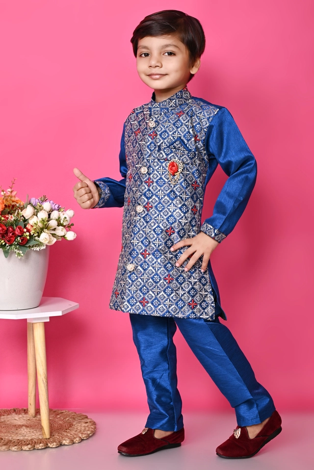 Cotton Blend Embroidered 3 Pcs Sherwani Set for Kids (Royal Blue, 1-2 Years)