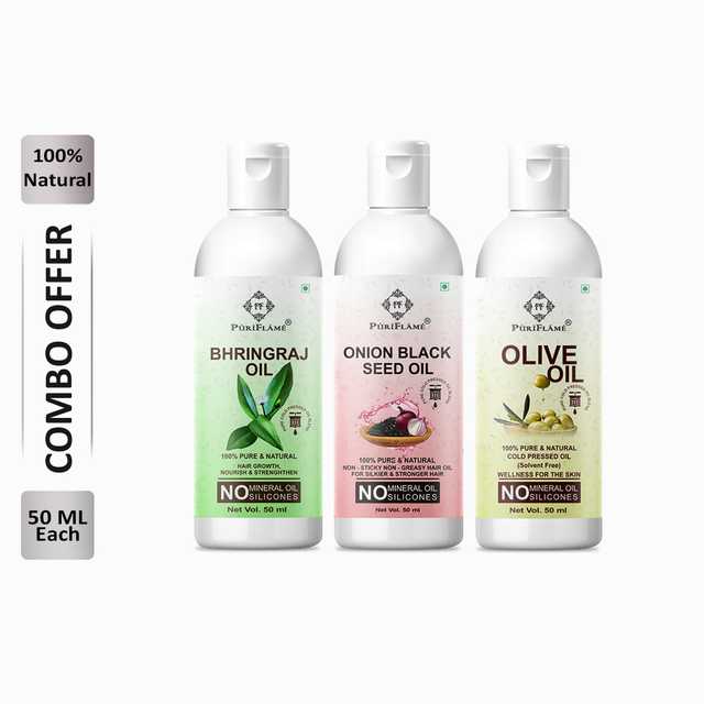 Puriflame Pure Bhringraj Oil (50 ml), Onion Black Seed Oil (50 ml) & Olive Oil (50 ml) Combo for Rapid Hair Growth (Pack Of 3) (B-9439)