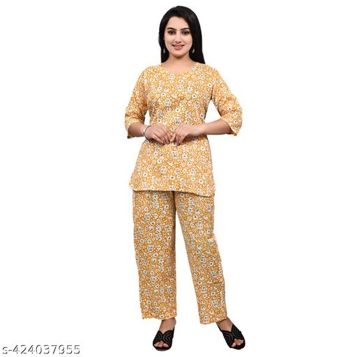 Rayon Printed Nightsuit for Women (Mustard, S)