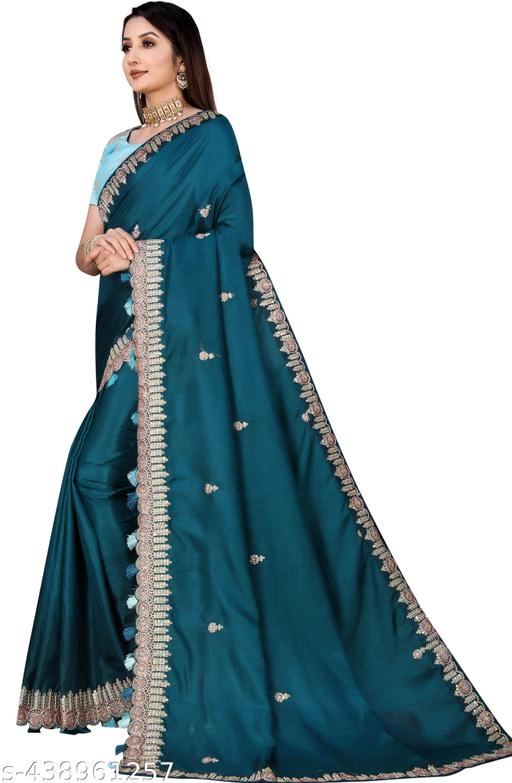 Satin Embroidered Saree for Women (Teal, 6.3 m)