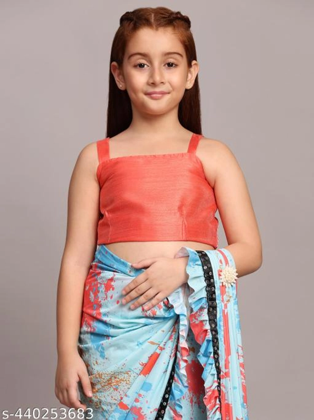 Printed Fancy Saree for Girls with Blouse (Sky Blue & Red, 3-4 Years)