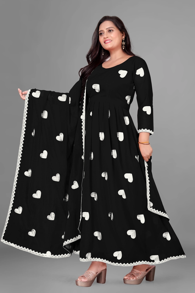 Georgette Ethnic Motif Gown with Dupatta for Women (Black & White, S)