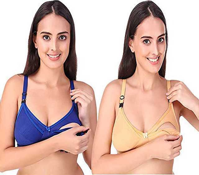 Hiya Women's Cotton Non-Padded Non-Wired Maternity Bra (Pack of 2) (Skin & Blue, 44) (TE-108)
