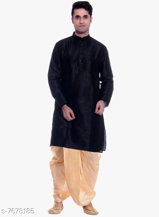 Dupion Silk Solid Kurta with Dhoti for Men (Black & Beige, S)