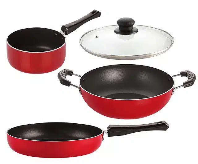 Aluminium Nonstick Cookwear Set with Glass Lid (Red, Set of 4)