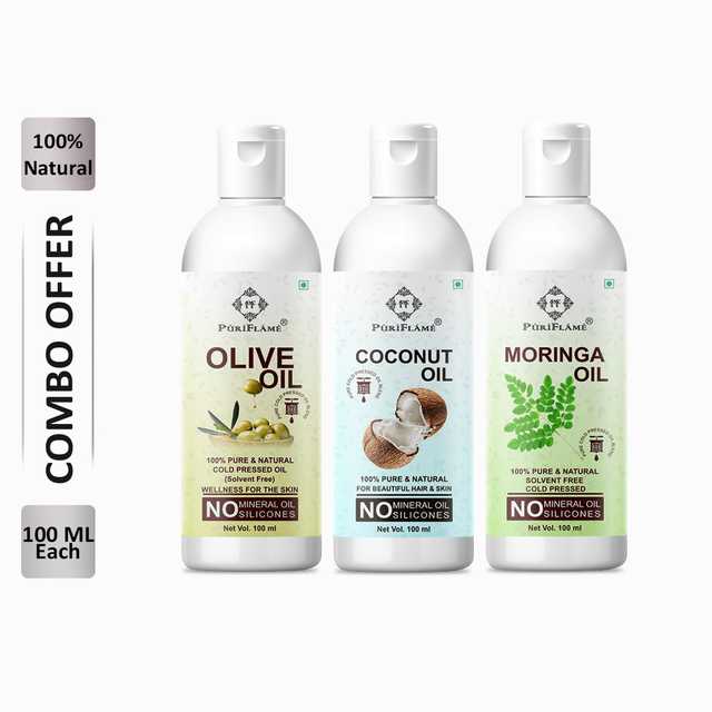 PuriFlame Pure Olive Oil (100 ml) & Coconut Oil (100 ml) & Moringa Oil (100 ml) Combo For Rapid Hair Growth (Pack Of 3) (B-6148)
