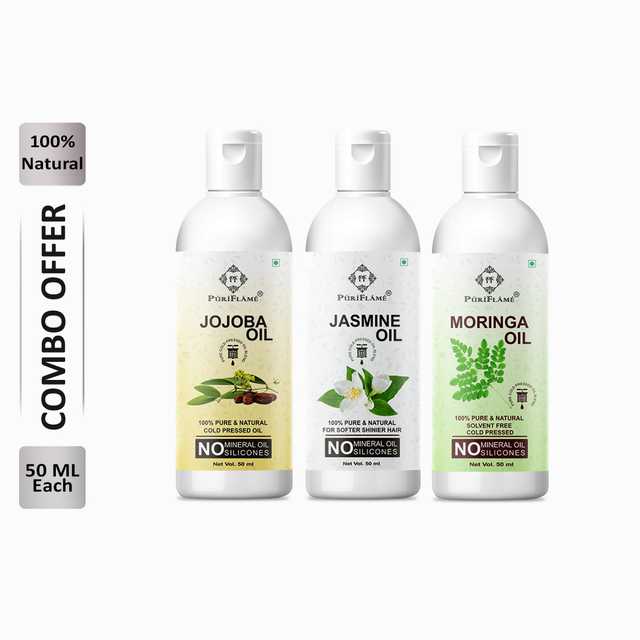 Puriflame Pure Jojoba Oil (50 ml), Jasmine Oil (50 ml) & Moringa Oil (50 ml) Combo for Rapid Hair Growth (Pack Of 3) (B-11510)