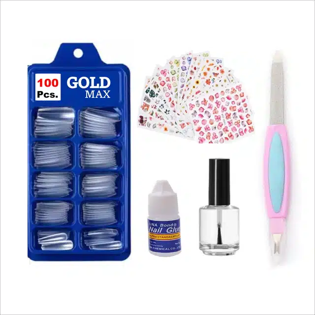 Artificial Nails (100 Pcs) with Nail Art Sticker, Glue, Nail Paint & Nail Filer (Transparent, Combo of 5)