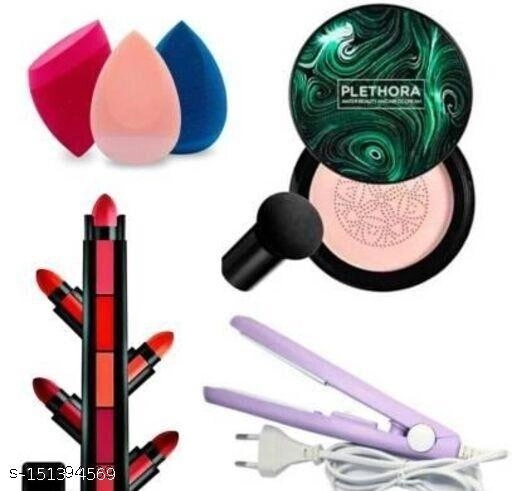 Combo of Mini Hair Straightener, Sunisa Air Cushion Foundation, 3 Pcs Makeup Blenders & 5 in 1 Mini Lipstick (Multicolor, Set of 6)