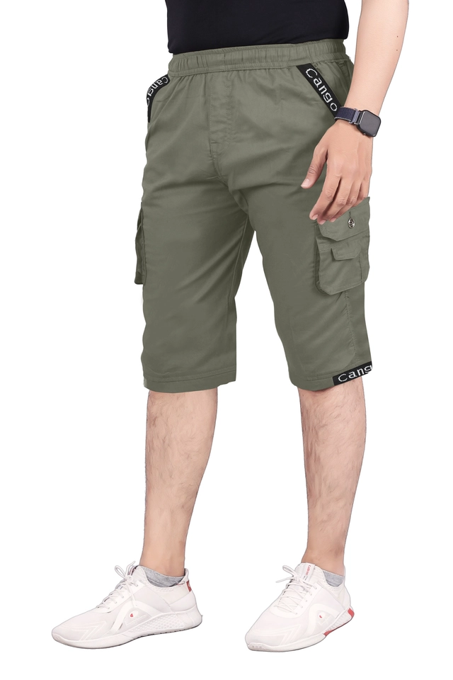 Cotton Solid Capri for Men (Olive, 28)