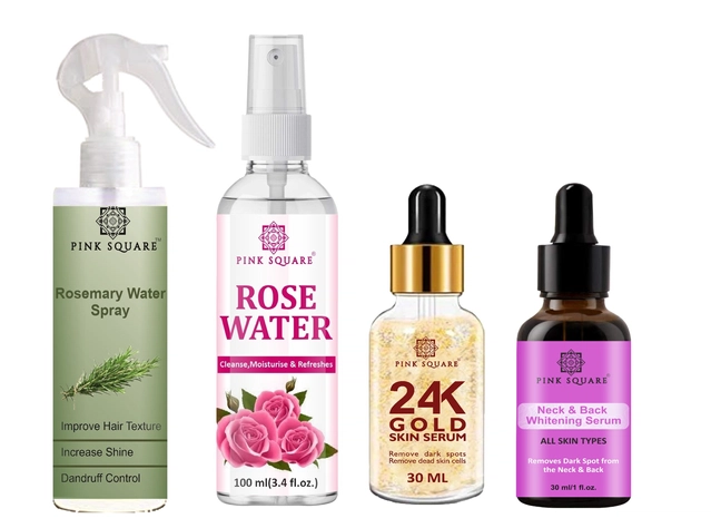 Combo of Pink Square Rosemary Water Hair Spray (100 ml) with Rose Water (100 ml), 24k Gold Face Serum (30 ml) & Lip Serum (30 ml) (Set of 4)