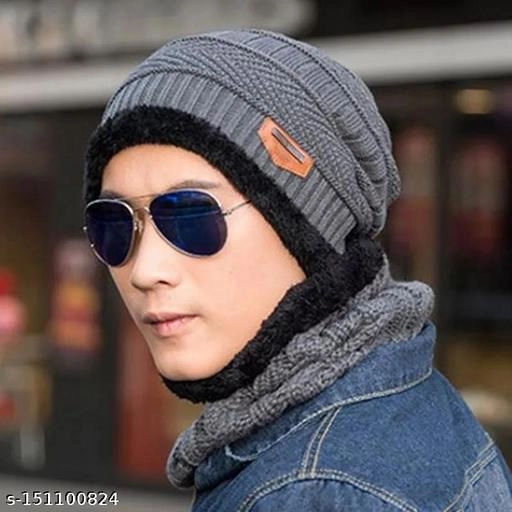 Woolen Cap with Neck Warmer for Men (Multicolor, Set of 1)