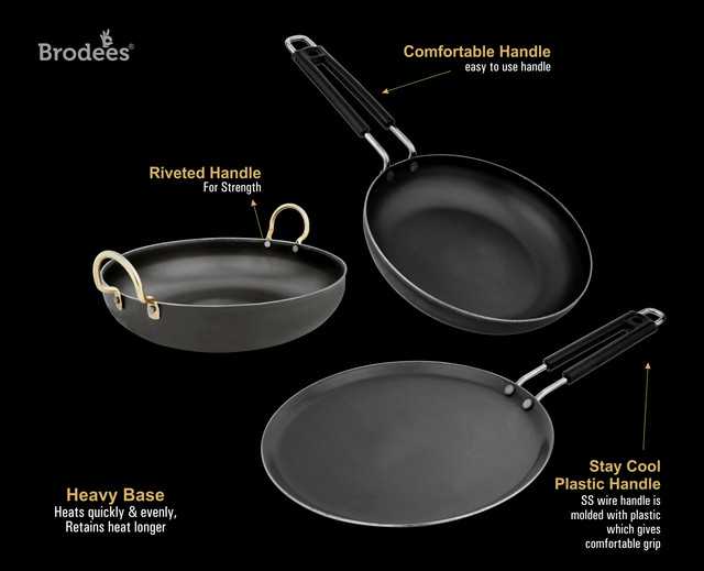 BRODEES Iron Cookware Kadahi 24 Cm Frypan 25 Cm Dosa Tawa 25.50 Cm Induction Bottom Cookware Set (Iron, 3 Piece) (Set of 3 Pcs) (A-3)
