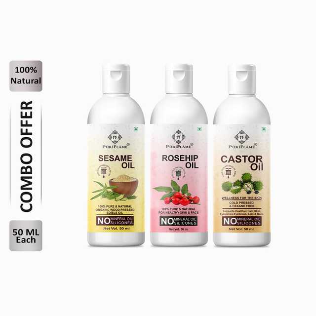 Puriflame Pure Sesame Oil (50 ml), Rosehip Oil (50 ml) & Castor Oil ( 50 ml) Combo for Rapid Hair Growth (Pack Of 3) (B-13767)