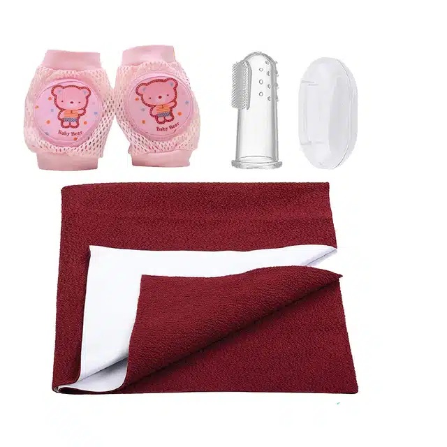 Combo of Quick Dry Baby Bedsheet with Finger Tooth Brush & Knee Protector (Set of 3, Multicolor)