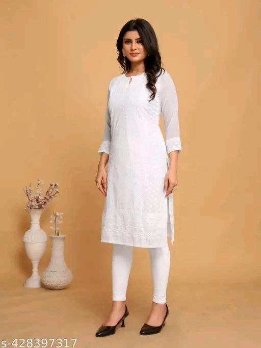 Georgette Chikankari Kurti for Women (White, M)