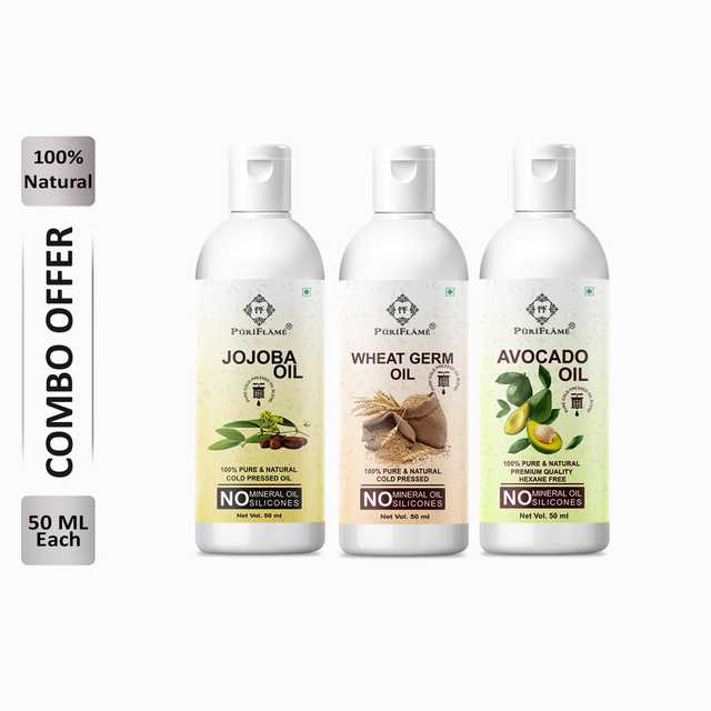 Puriflame Pure Jojoba Oil (50 ml), Wheat Germ Oil (50 ml) & Avocado Oil (50 ml) Combo for Rapid Hair Growth (Pack Of 3) (B-11656)