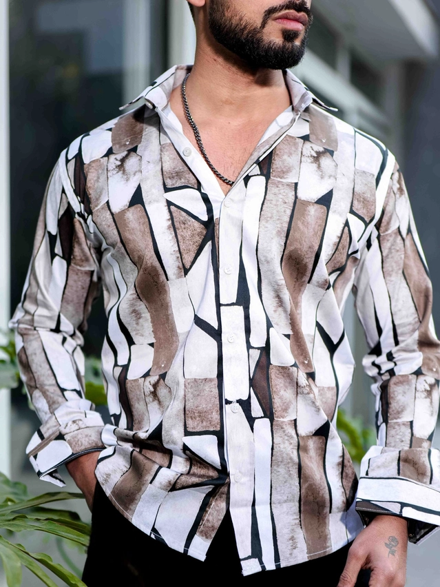 Full Sleeves Printed Shirt for Men (Brown & White, S)