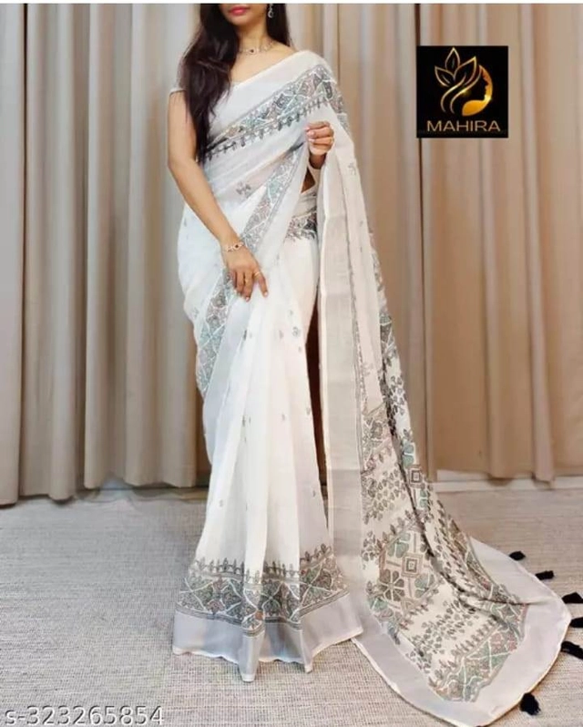 Linen Printed Saree for Women (White, 6.3 m)