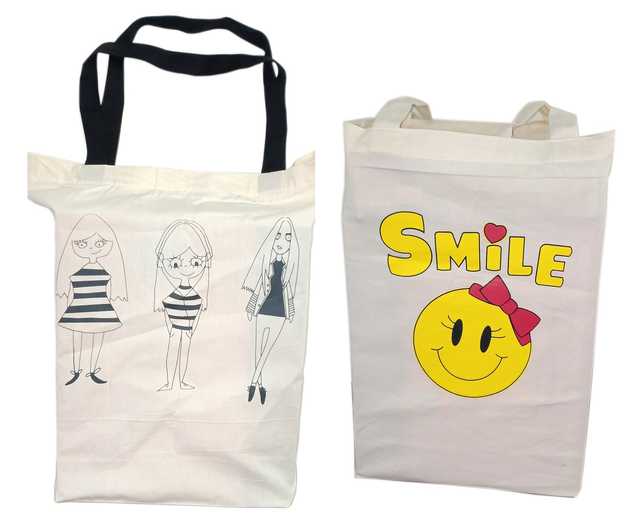 Active Basic Cotton Cartoon Printed With Zip Closure Canvas Bag (Pack Of 2, Off-White) (SS-359)