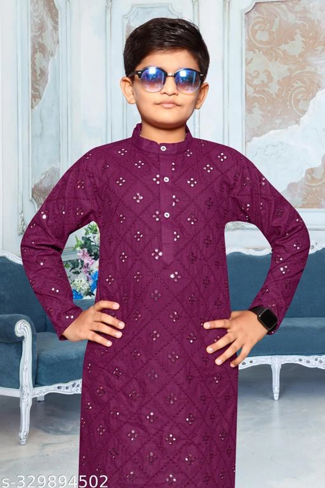 Cotton Blend Kurta Sets for Boys (2-3 Years, Wine & White)