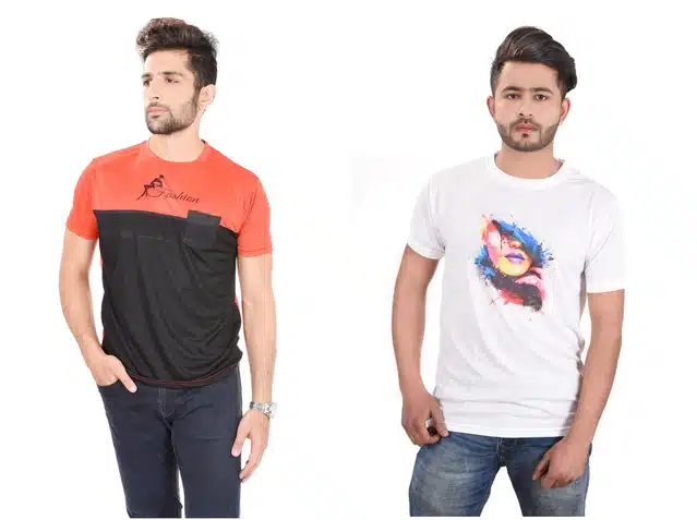 Men's Round Neck Printed T-shirt (Pack of 2) (Multicolor, L)