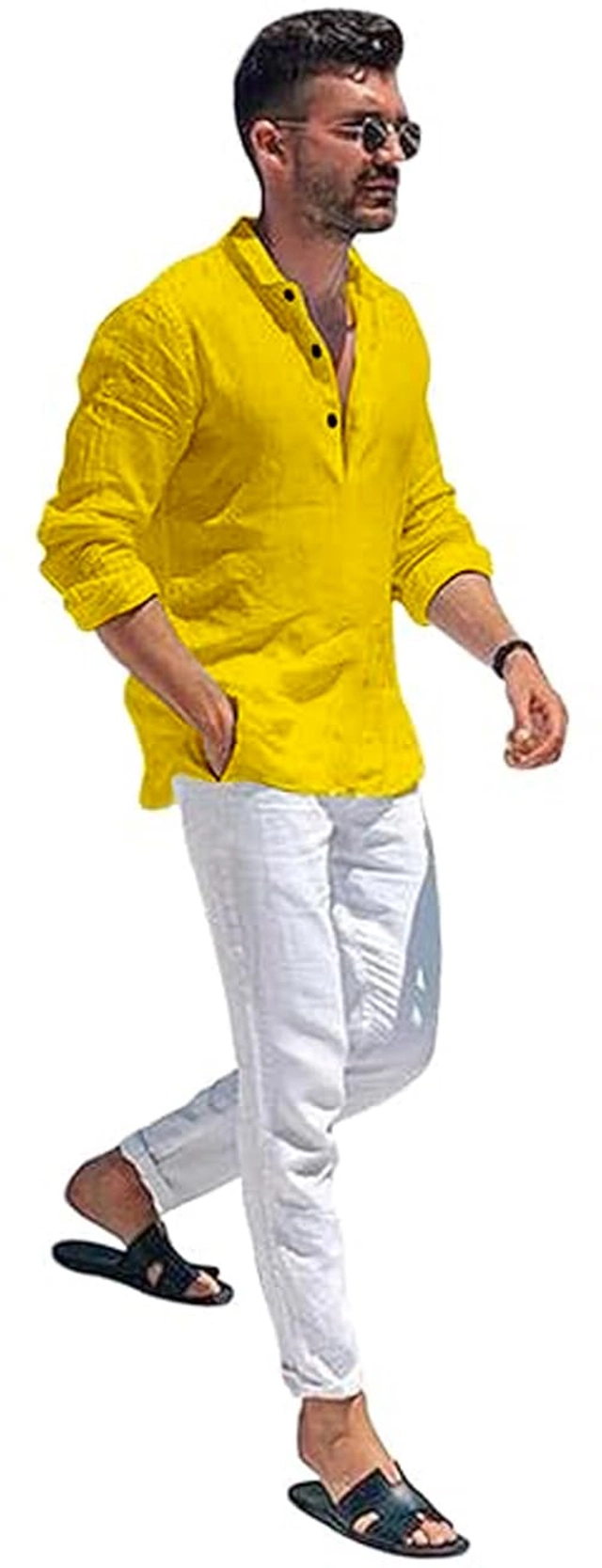 Cotton Solid Kurta for Men (Yellow, S)