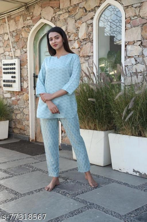 Rayon Solid Nightsuit for Women (Aqua Blue, M)