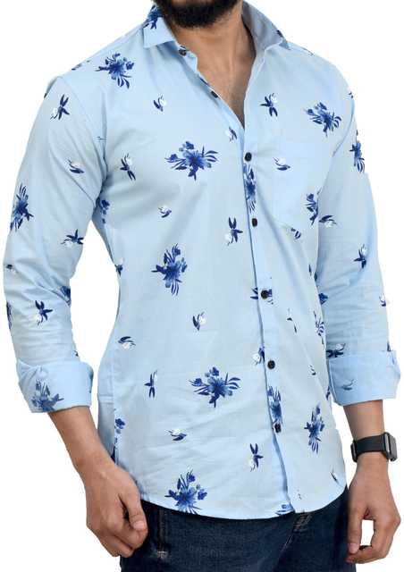 Men's Printed Shirt (Blue, M) (BF-1)