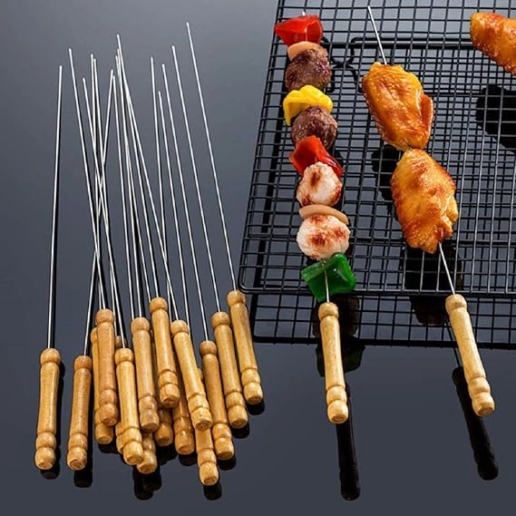 Stainless Steel Barbecue Skewers with Wooden Handle (Brown & Silver, 12 inches) (Pack of 12)