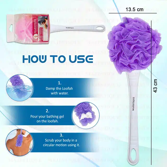 Majestique Shower Scrub Sponge with Long Handle Back Scrubber Brush and Body Wash Puff (Combo of 3) (B-08)