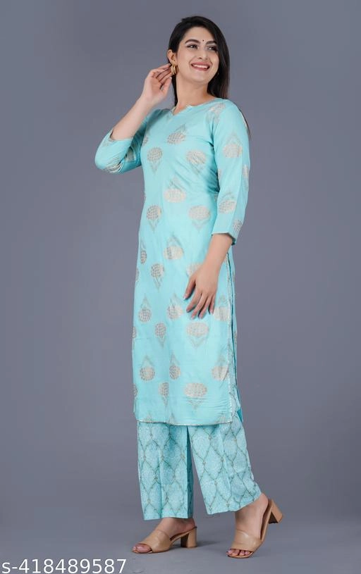 Rayon Printed Kurti with Pant for Women (Aqua Blue, M)