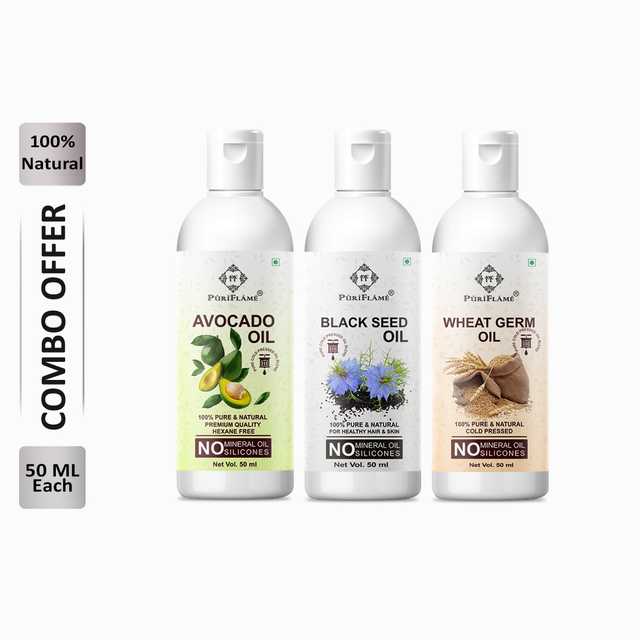 Puriflame Pure Avocado Oil (50 ml), Black Seed Oil (50 ml) & Wheat Germ Oil (50 ml) Combo for Rapid Hair Growth (Pack Of 3) (B-8968)