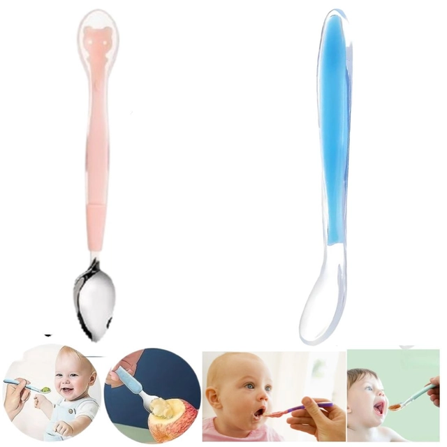 Combo of Silicone Double-Head & Single-Head Feeding Spoon for Baby (Multicolor, Set of 2)