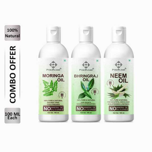 PuriFlame Pure Moringa Oil (100 ml) & Bhringraj Oil (100 ml) & Neem Oil (100 ml) Combo For Rapid Hair Growth (Pack Of 3) (B-5410)