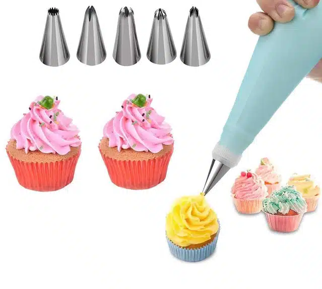Stainless Steel Reusable Cake Decorating Nozzle With Piping Bag Set (Pack of 6) (Silver) (SS-94)