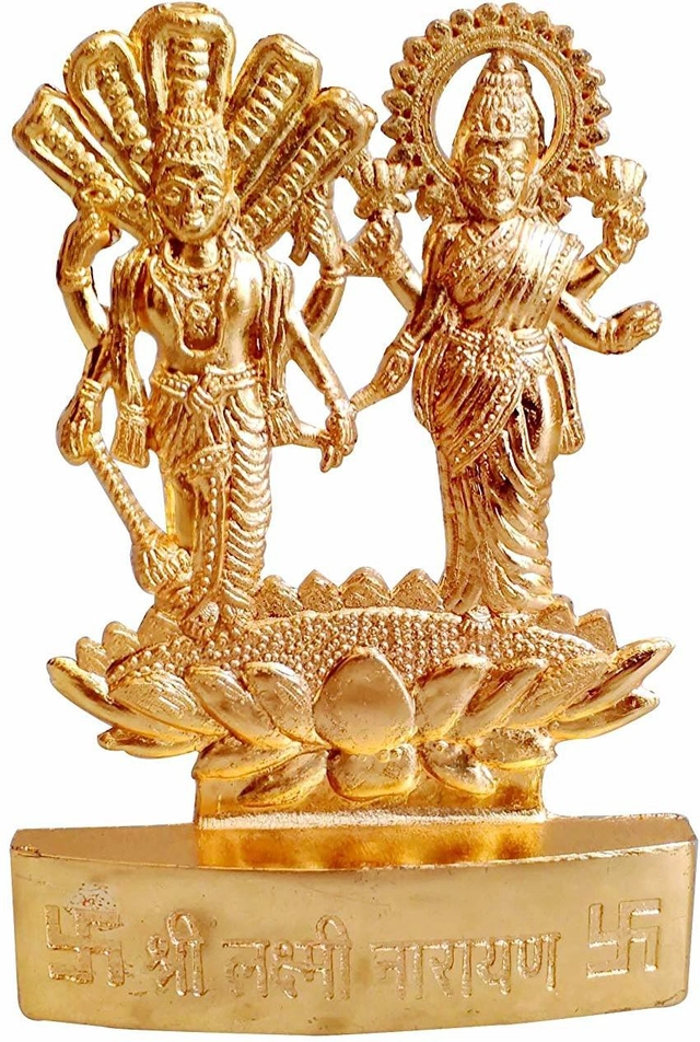 Brass Narayan Vishnudevji with Laxmi Maa Idol (Gold, 10 cm)